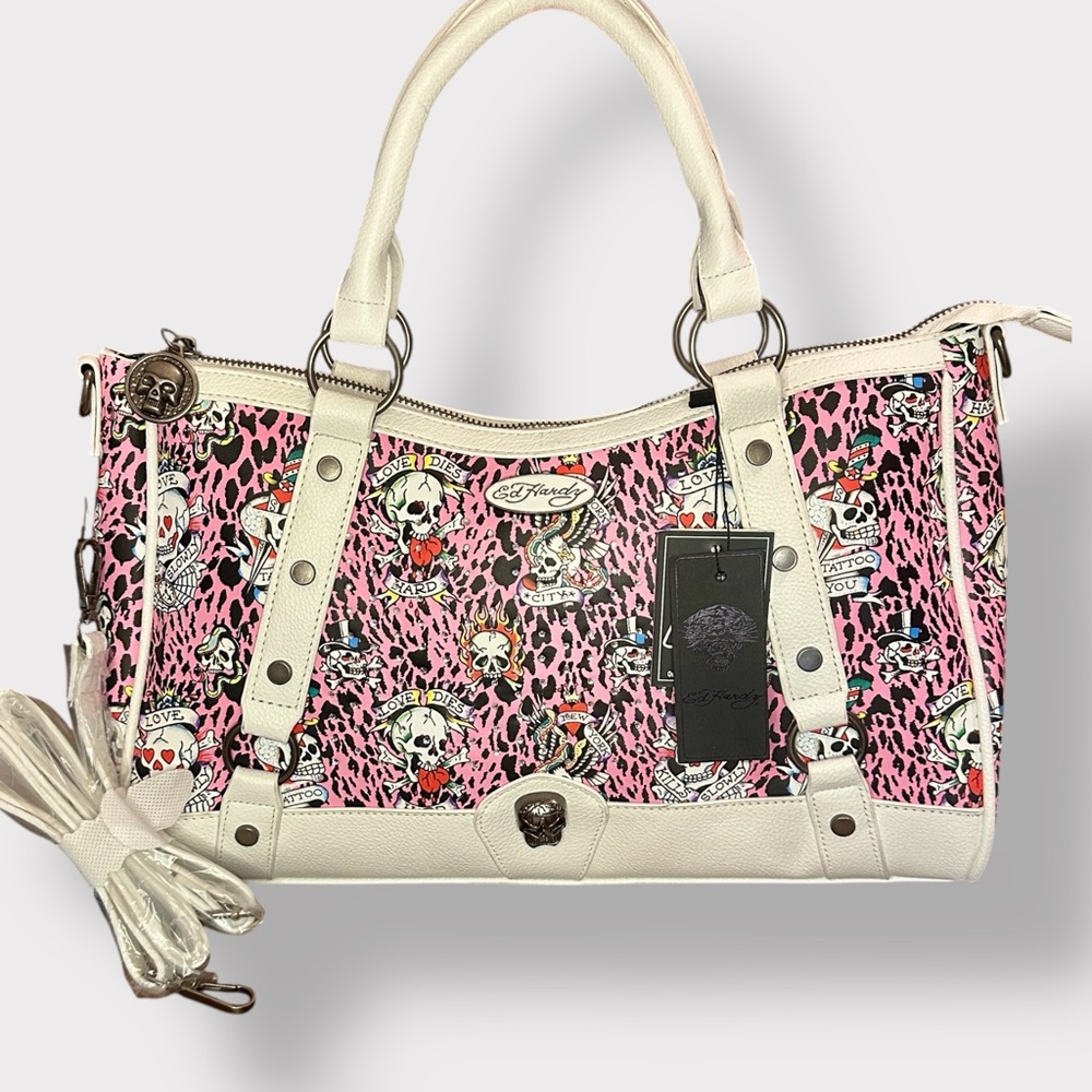 Ed Hardy Pink Leopard Skull Print Shoulder Bag with Cream Trim